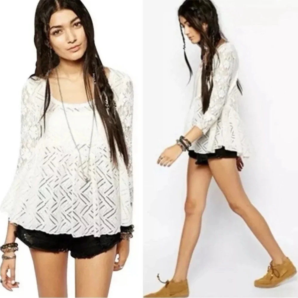 Free People White Lace Gracie Floral Peplum Ivory Boho Keyhole Cutout Back